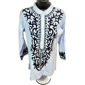 Madison Mathews Blue White Striped Embroidered Tunic Top XS Band Collar Boho